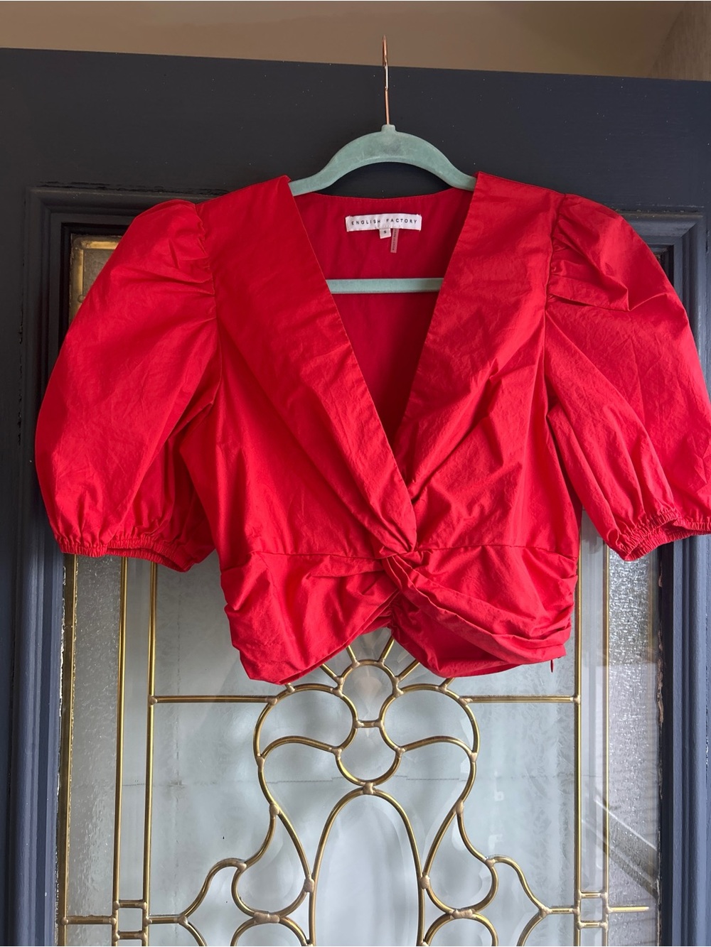 English Factory Red Puff-Sleeve Twist-Front Crop Top Cotton EUC